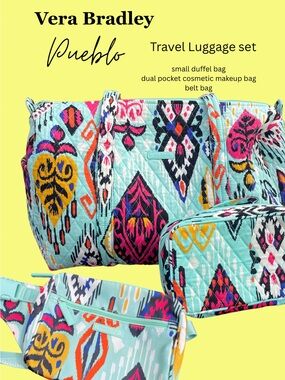 Vera Bradley Pueblo Quilted Travel Bag Set in Aqua Ikat